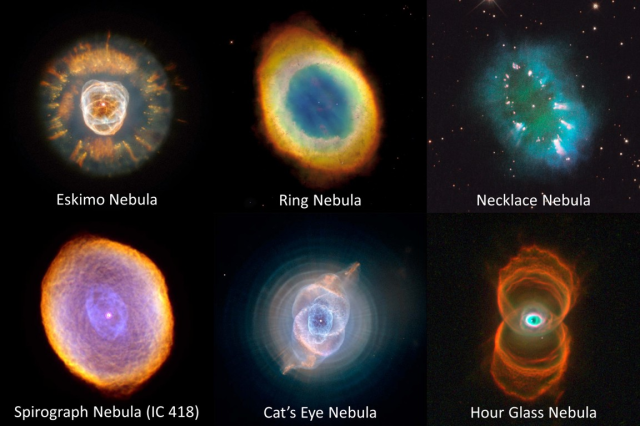 Nebulosas planetarias observadas por el telescopio espacial Hubble. Estos objetos corresponden a la muerte de una estrella, que tras agotar su combustible interno, libera las capas externas con diferentes elementos químicos que dan lugar a estas coloridas imágenes.